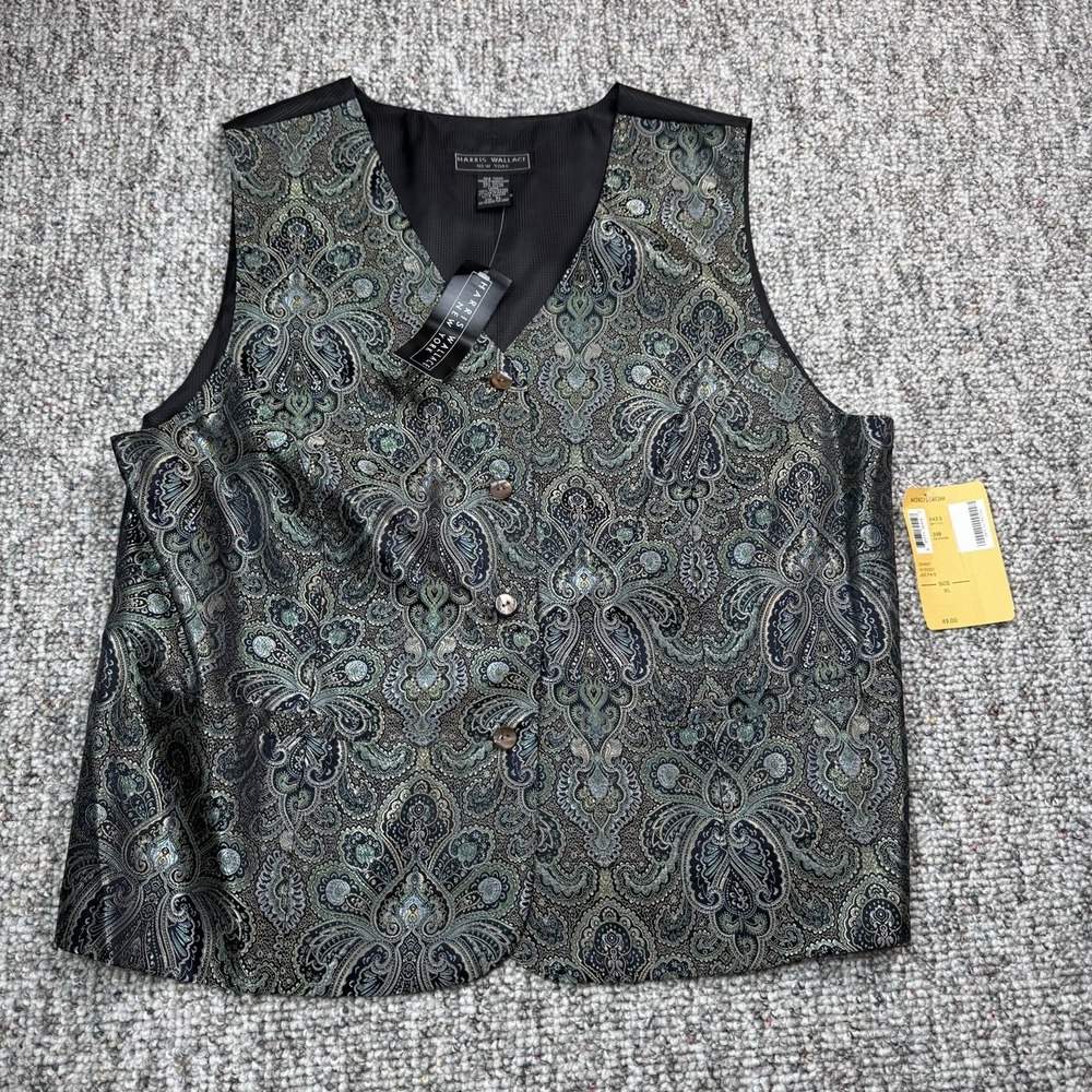 Vintage Harris Wallace Vest Womens XL Tapestry Green Black Floral NWT